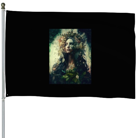Nature Goddess - Woodland Witchy Forest Greenwoman House Flags