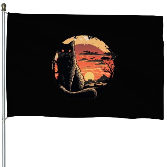 Catzilla Vintage Funny Cute black Cat Art Japanese House Flags