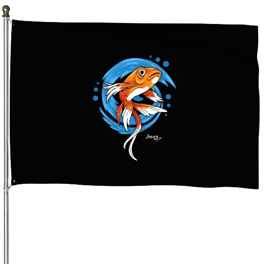 Carp Koi Fish on Blue waves green House Flags