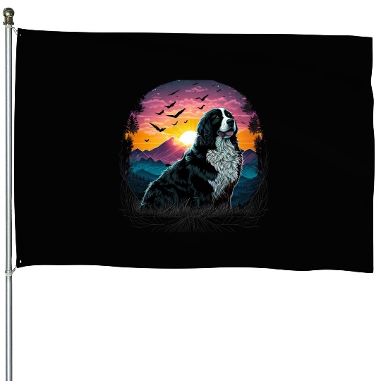 Bernese Mountain Dog with Mountain Sunrise view House Flags