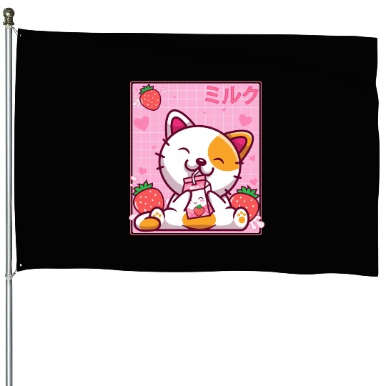 Kawaii Kitten Cute Cat Strawberry Milk Shake House Flags