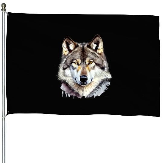 Watercolor Grey Wolf Portrait House Flags