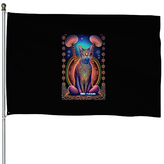 stylized art cat Magic meditating pose-cat lover House Flags
