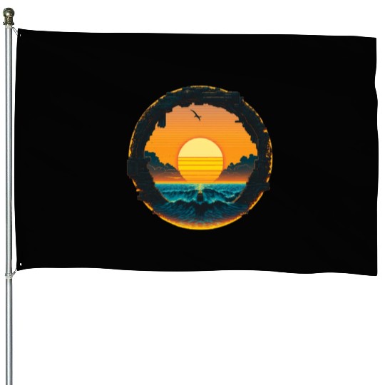 Cyberpunk Sunset Pixel House Flags