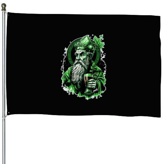 Funny Drunk Saint Patrick drinking beer by gnarly House Flags