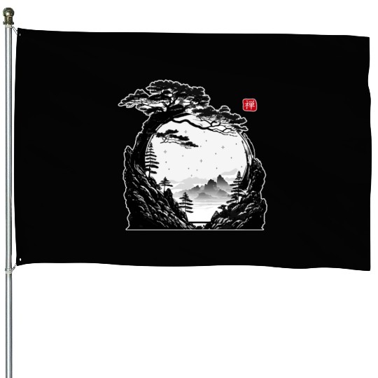 Japanese Zen Circle Landscape Buddhism Bonsai Tree House Flags