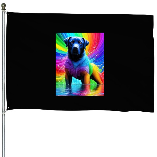Labrador Retriever with rainbow splashes of colors House Flags