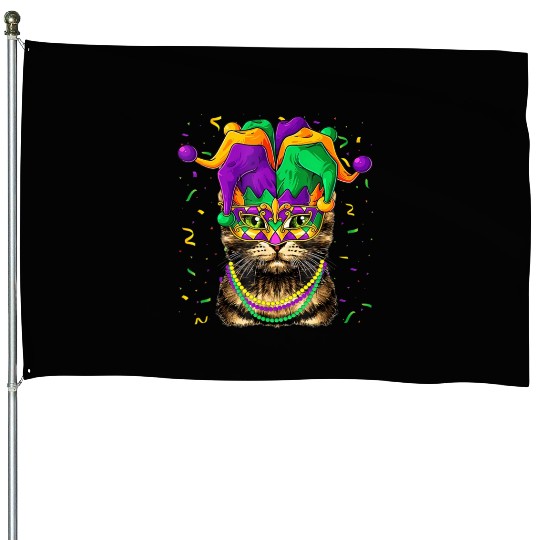 Cat Animal Lover Cute Mardi Gras Carnival Jester House Flags