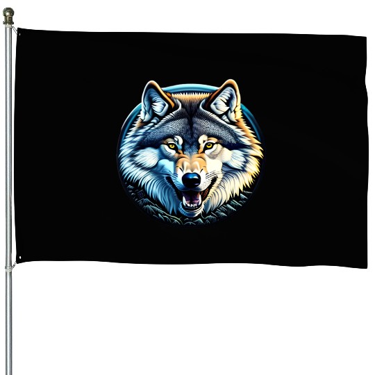A fierce wolf howling at the moon House Flags