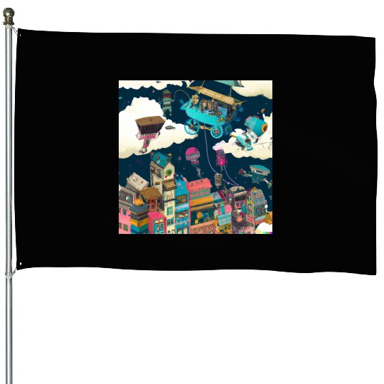 Paradise Cartoon Imagination Dream City House Flags