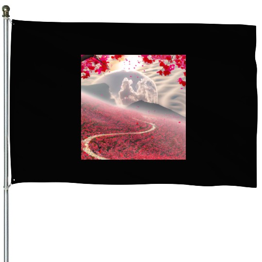 Misty Mountain Cherry Blossom Landscape House Flags