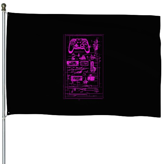 Neon Pink Video Game Controller Blueprint House Flags