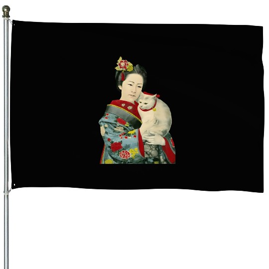 Geisha Cat Kimono Japanese Vintage Art House Flags
