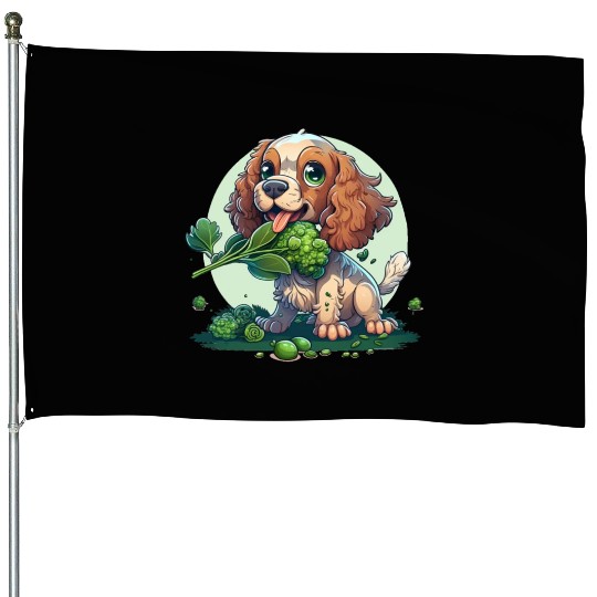Cute dog eats green broccoli vegetables House Flags
