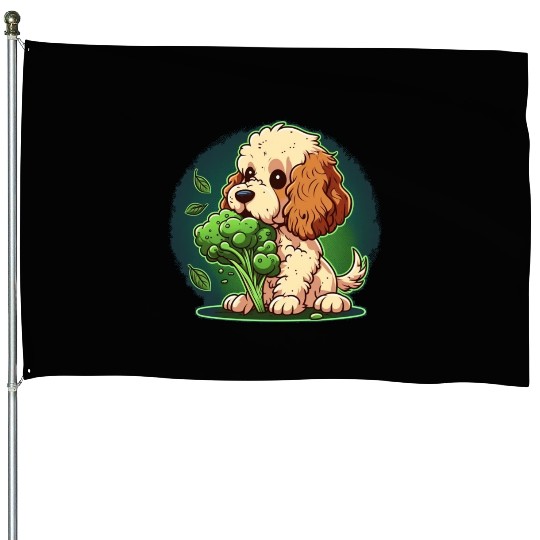 Cute dog eats green broccoli vegetables House Flags