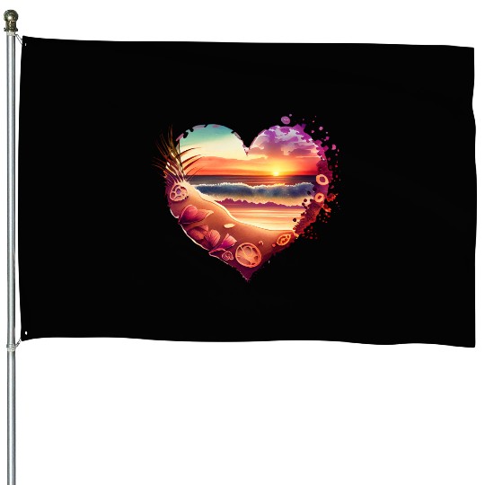Retro Beach Heart Sunset Watercolor House Flags