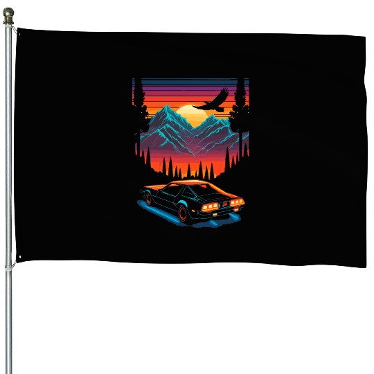 1980s Muscle Car and Retro Neon Mountain Sunset House Flags