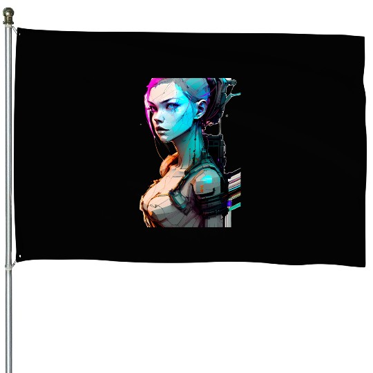 High Tech Style Illustration of a Cyberpunk Girl House Flags