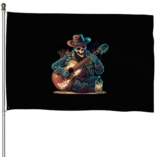 cowboy skeleton play guitar House Flags