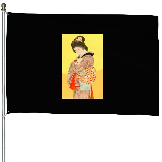 Geisha in Kimono with Cat Retro art House Flags