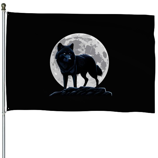 Wolf howling at the moon graphic House Flags
