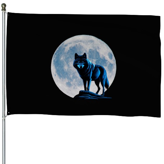 Wolf howling at the moon graphic House Flags