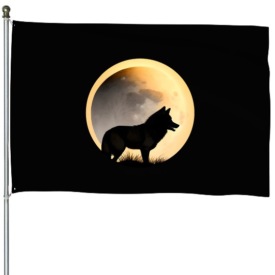 Wolf howling at the moon graphic House Flags