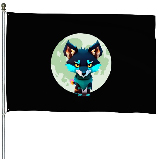 Cute Wolf Moon Graphic House Flags