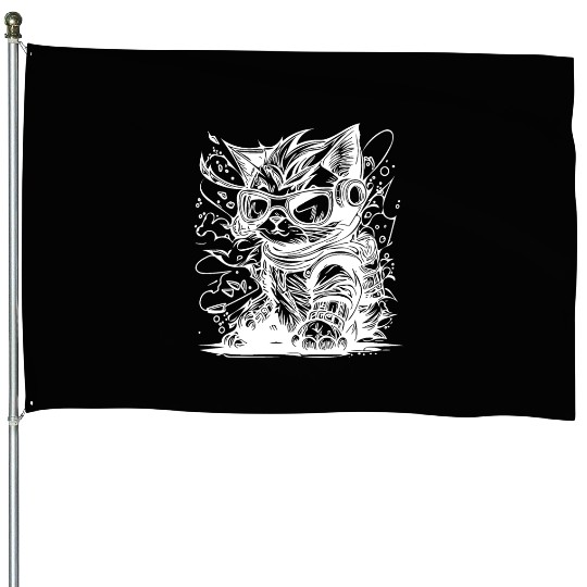 Little Cool Space Cat Splash Tattoo Style House Flags