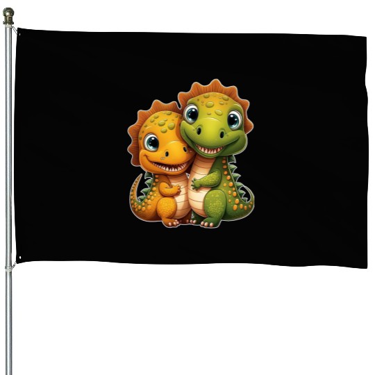 Cute dino dinosaur siblings brothers kids love House Flags