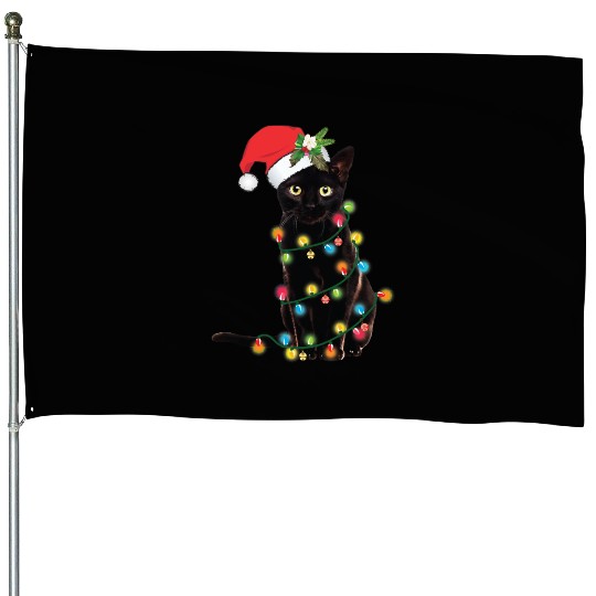 Black Santa Cat Tangled Up In Lights Christmas House Flags