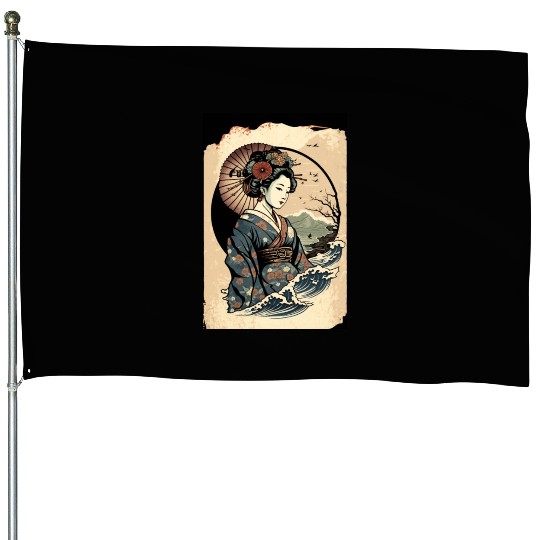 Geisha Watercolor Sea Waves Asian Art Woman Poster House Flags