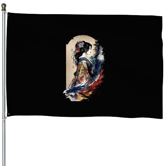 Geisha Watercolor Sea Waves Asian Art Woman House Flags