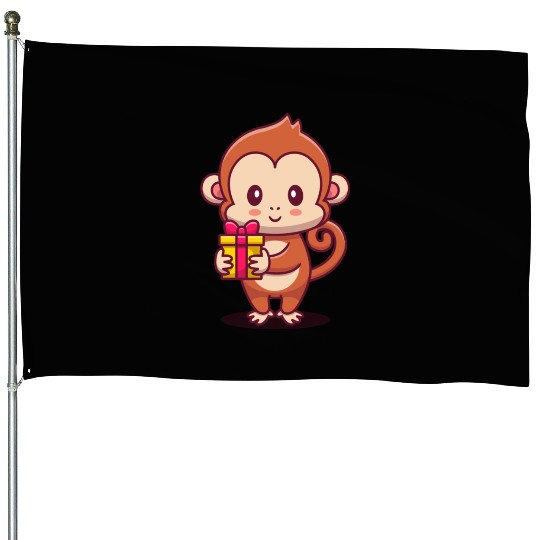 Cute Monkey Holding House Flags