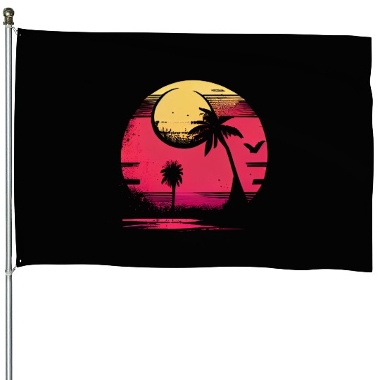 Vintage Retro Sunset Watercolor Beach Vacation 5 House Flags