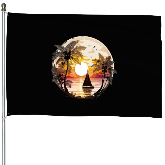Beach Sunset Sailboat Palm Trees Ocean Vacation 5 House Flags
