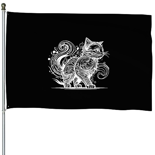 Clumsy Elegant House Cat In Tattoo Style House Flags