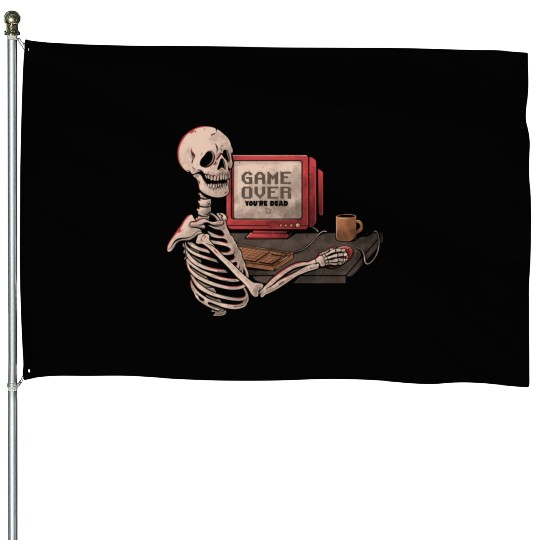 Game Over Skull Funny Geek Skeleton Gift House Flags