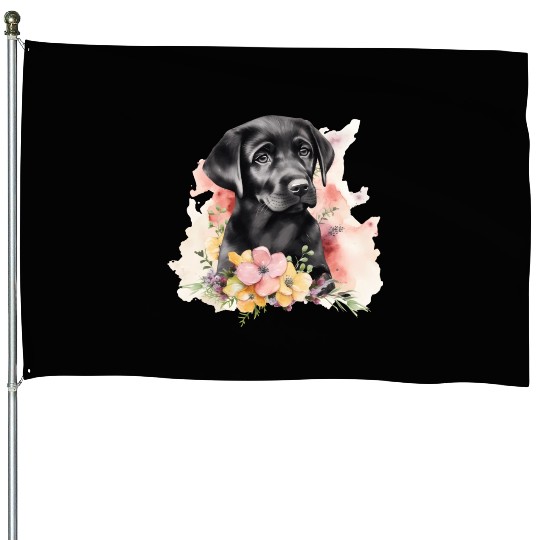 Black Lab Dog Watercolor Floral House Flags