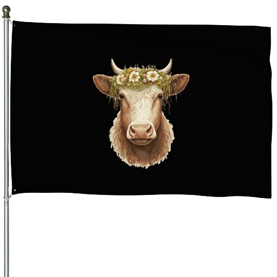 Flower Crown Cow Floral Farm Animal Pet House Flags