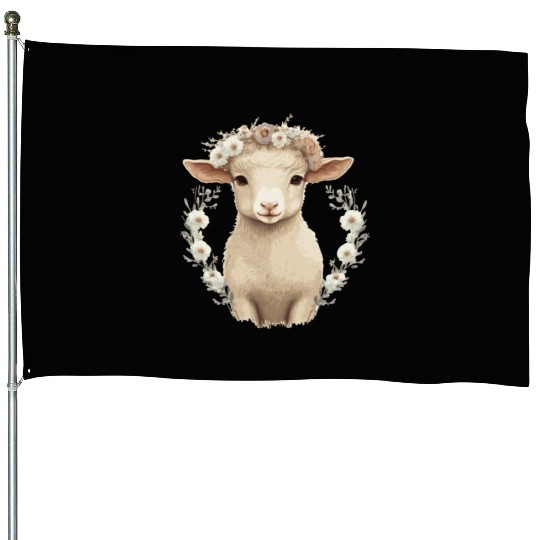 Cute Lamb Flower Crown Sheep Baby Floral Farm Anim House Flags