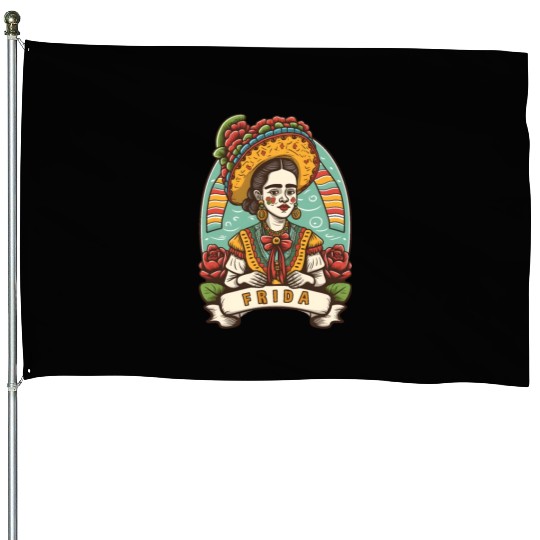 Frida Kahlo Floral Portrait Funny Cinco De Mayo House Flags
