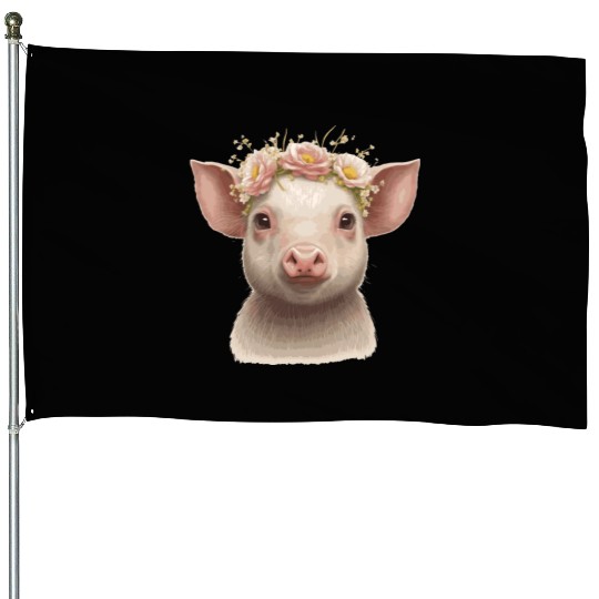 Cute Piglet Flower Crown Baby Pig Floral Farm Anim House Flags