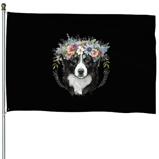 Border Collie Flower Crown Pet Dog Breed Floral Fa House Flags