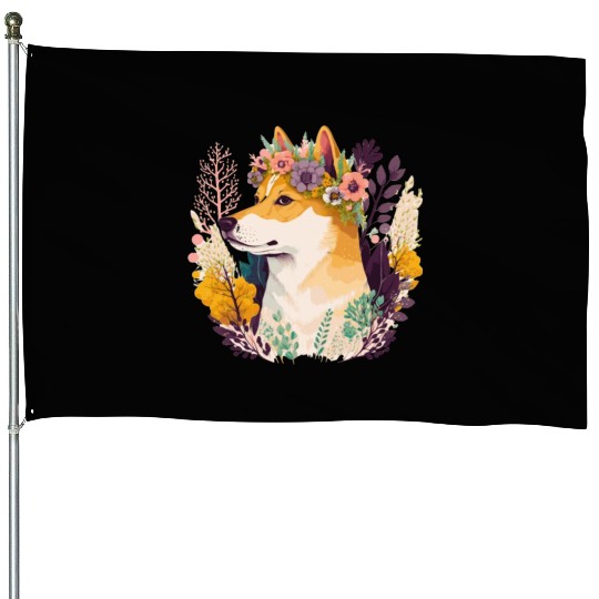 Cute Shiba Inu Flower Crown Pet Dog Breed Floral P House Flags