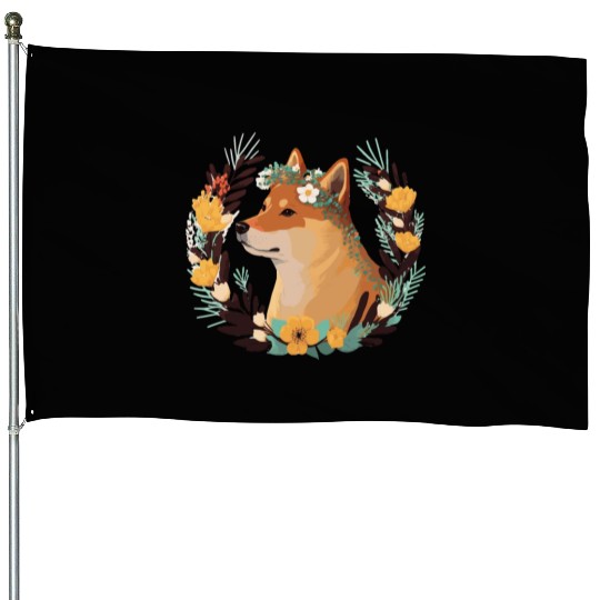 Cute Shiba Inu Flower Crown Pet Dog Breed Floral P House Flags