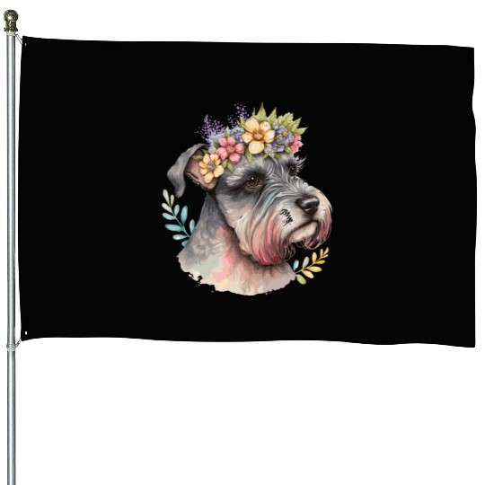 Cute Miniature Schnauzer Flower Crown Pet Dog Flor House Flags