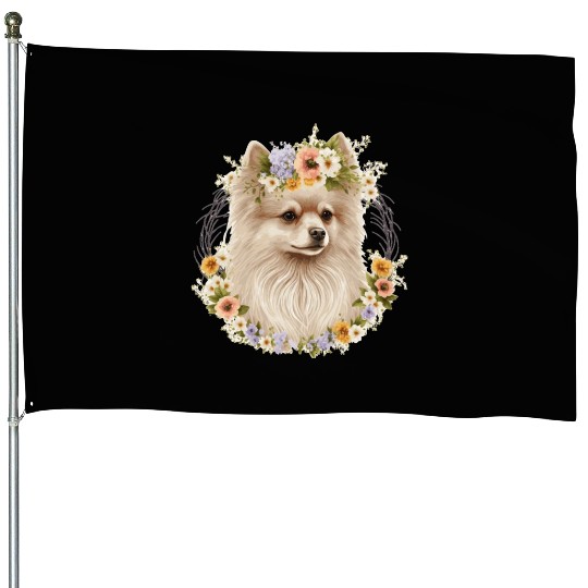 Cute Pomeranian Pom Flower Crown Pet Dog Breed Flo House Flags