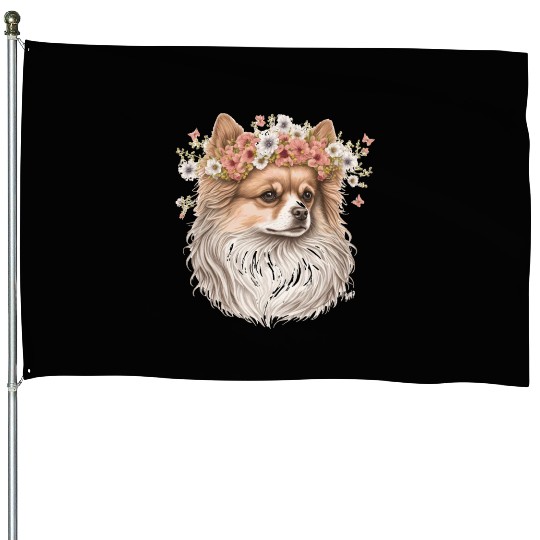 Cute Pomeranian Pom Flower Crown Pet Dog Breed Flo House Flags