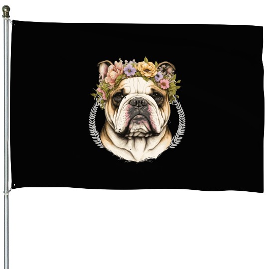 Cute Bulldog Flower Crown Pet Dog Floral Puppy House Flags